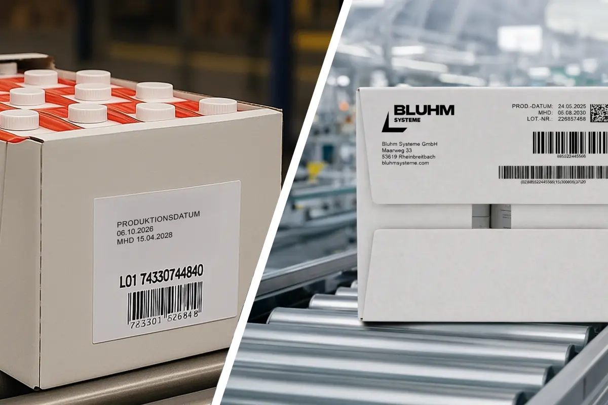 Karton mit Etikett vs. Karton mit Direktdruck auf Förderband in der Logistik