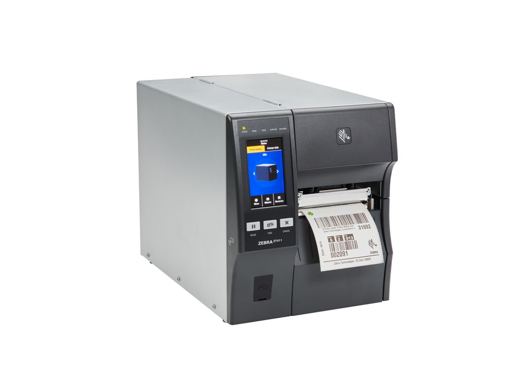 Zebra ZT411 label printer front right with label