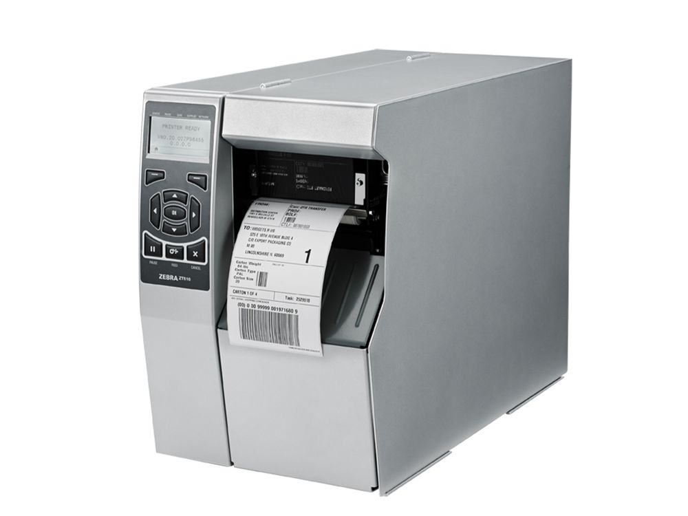 Zebra ZT510 label printer from front left with label