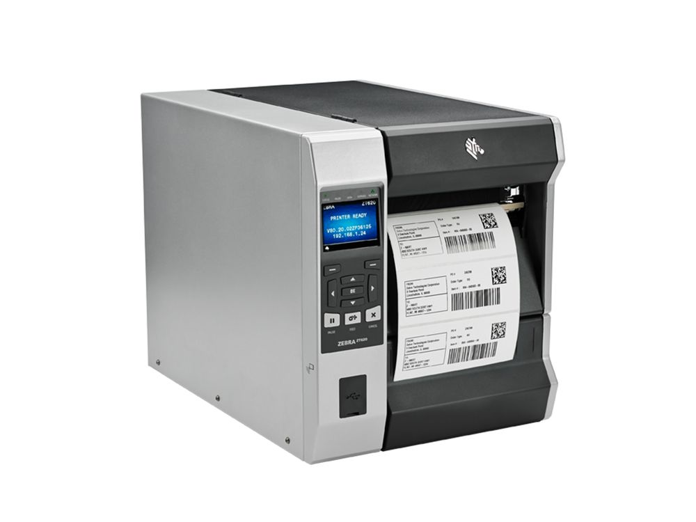 Zebra ZT620 label printer from the front right with label