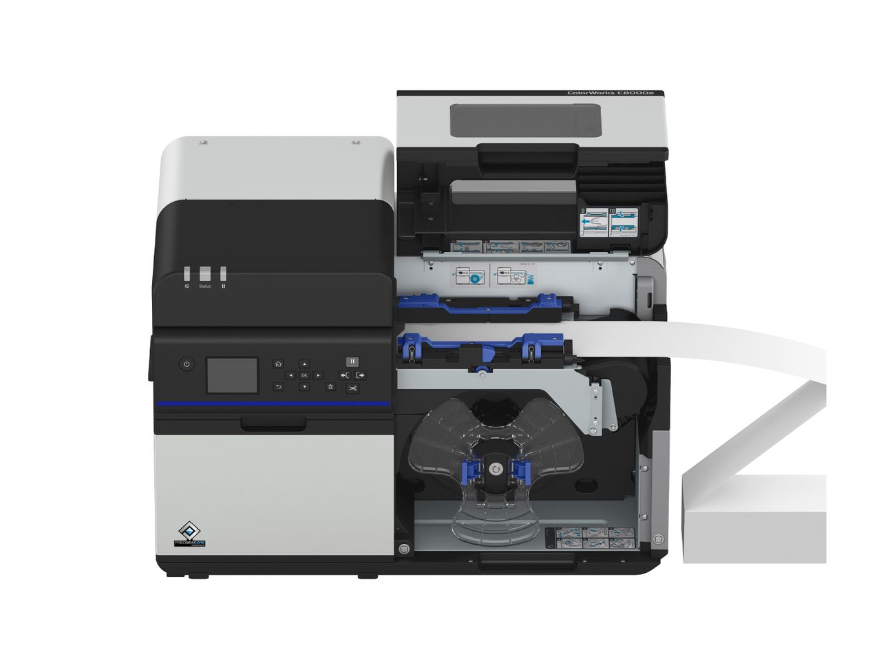 Colour label printer Epson ColorWorks C8000e cover open with continuous paper