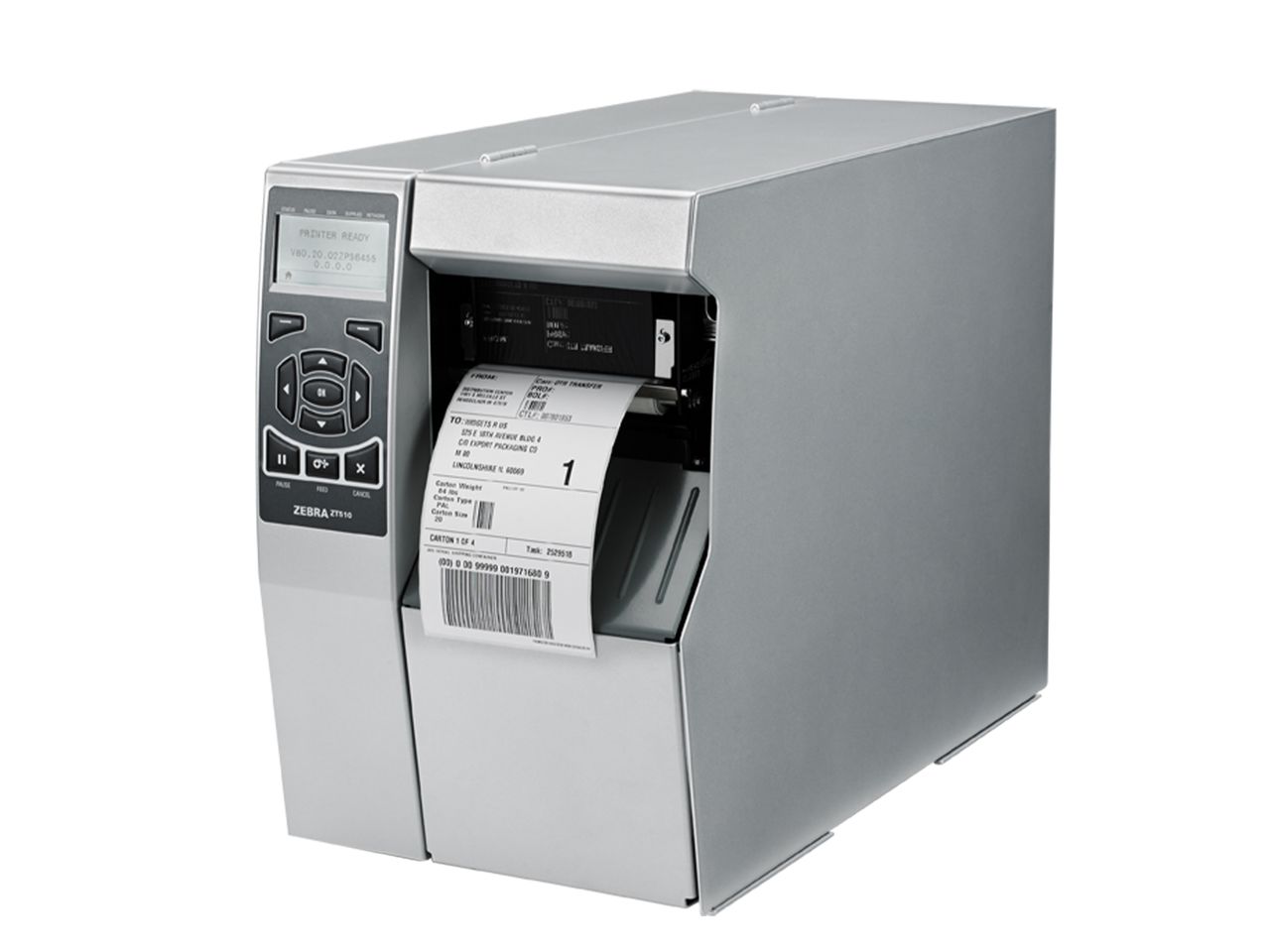 Zebra ZT510 label printer from front left with label