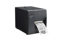 Zebra ZT111 desktop printer from front right with label