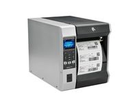 Zebra ZT620 label printer from the front right with label