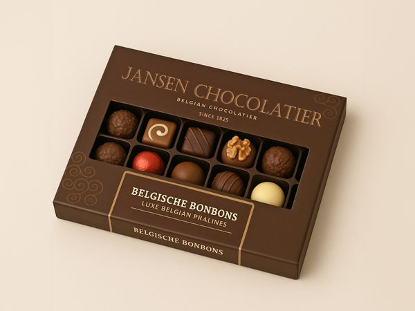 Labeling system Geset 218 C-Wrap label on chocolate box