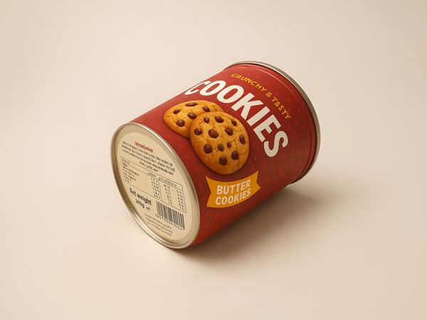 Labeling system Geset 242 label on cookie tin