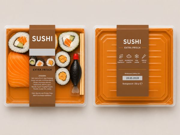 Labeling system Geset 249 D-Wrap label on sushi