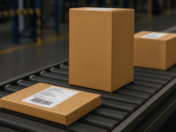 Cardboard boxes of varying heights with shipping labels