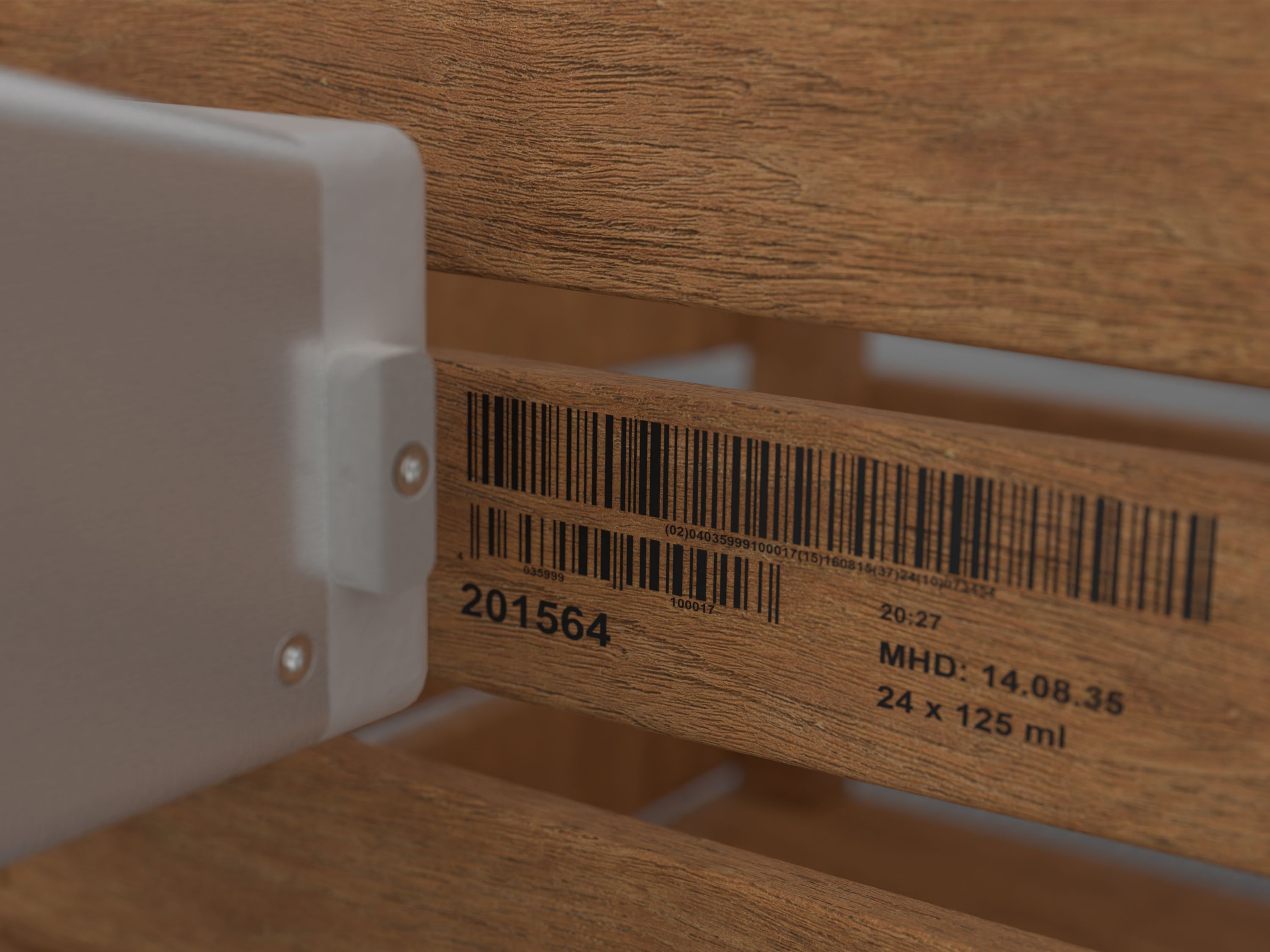Wooden box labeled with Markoprint integra PP RAZR inkjet printer
