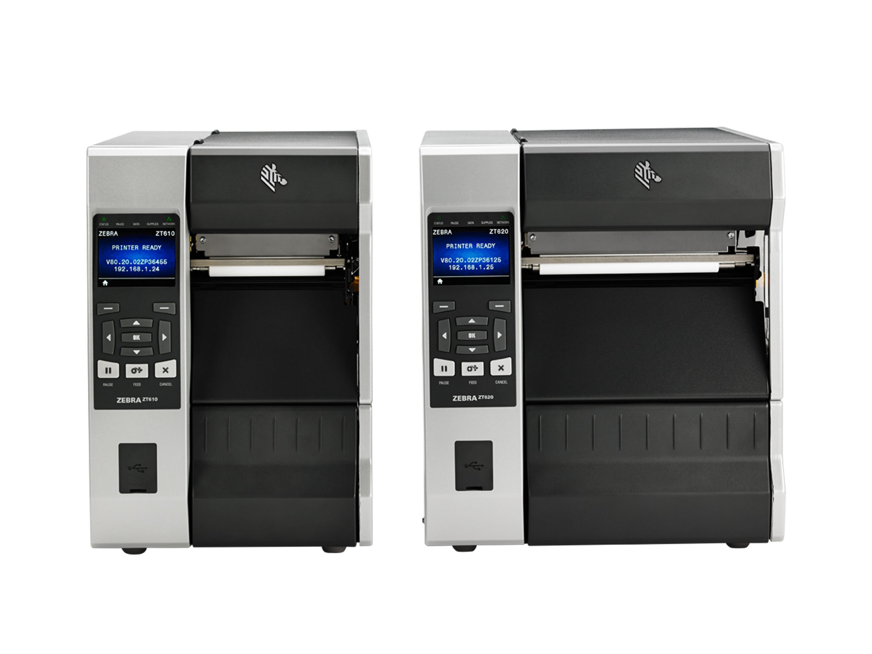 Zebra ZT610 and ZT620 label printers front side by side