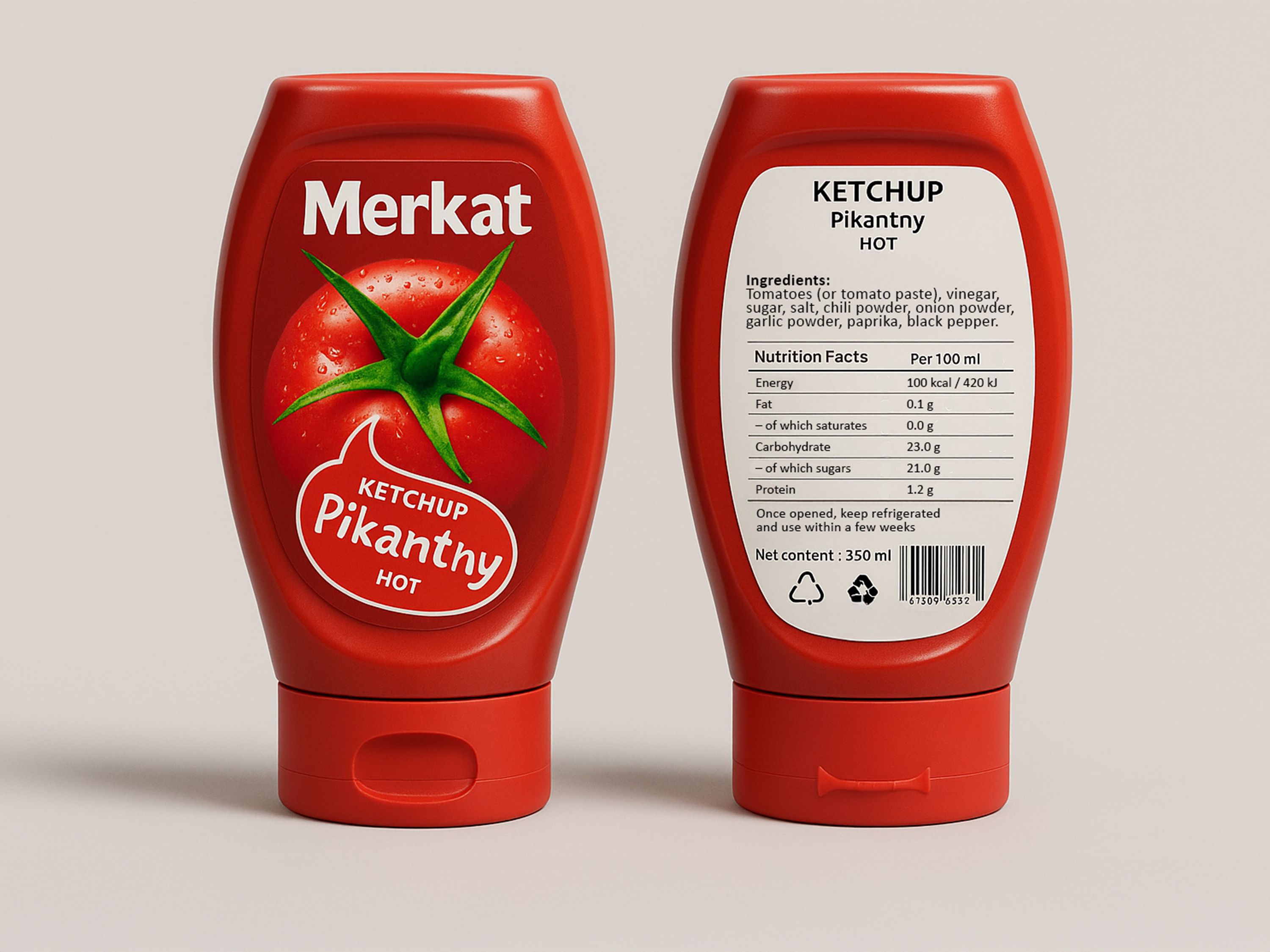 Geset 214 labeling system Labels double-sided on plastic ketchup bottle