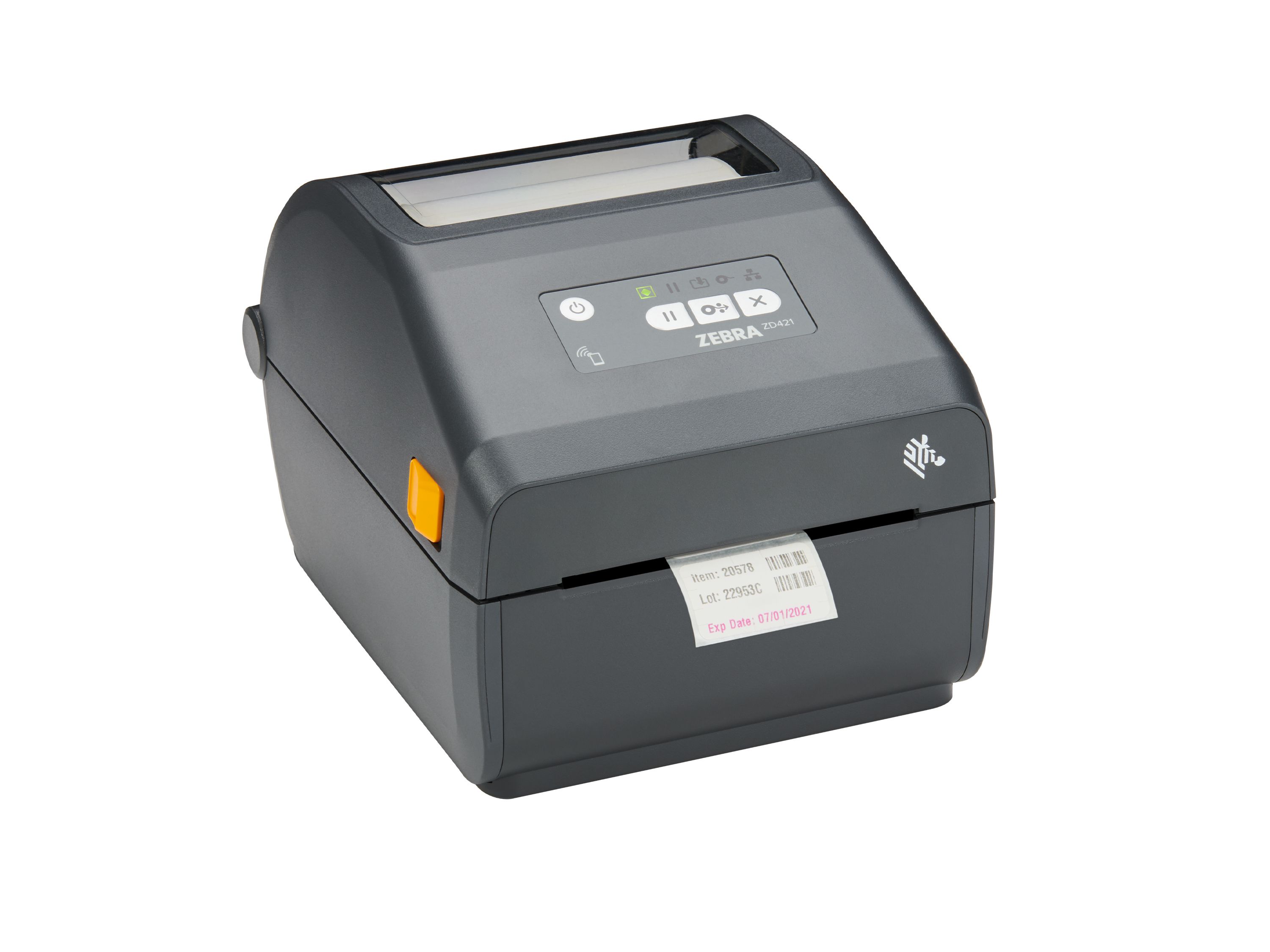 Zebra ZD421 desktop printer front right for shelf label printing