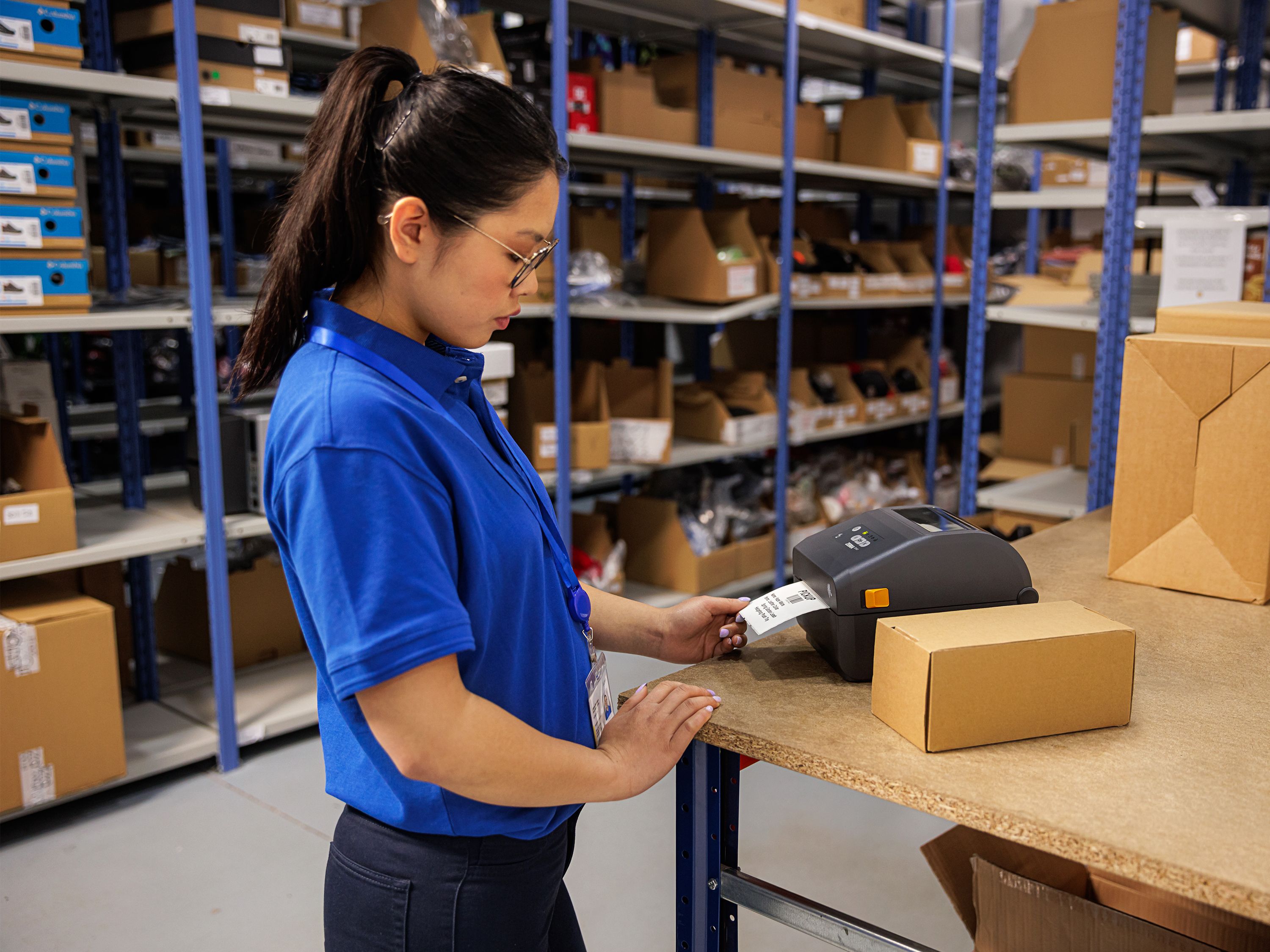 Zebra ZD421 printer in a shop warehouse